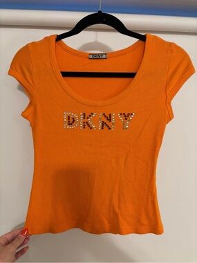 DKNY Orange Short Sleeve Scoop Neck Tee with rhinestone Logo